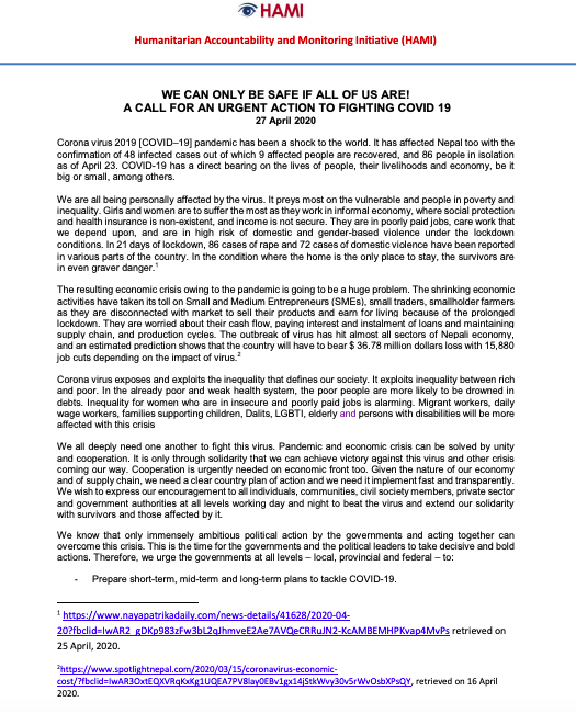 Statement - A Call for Action COVID 19